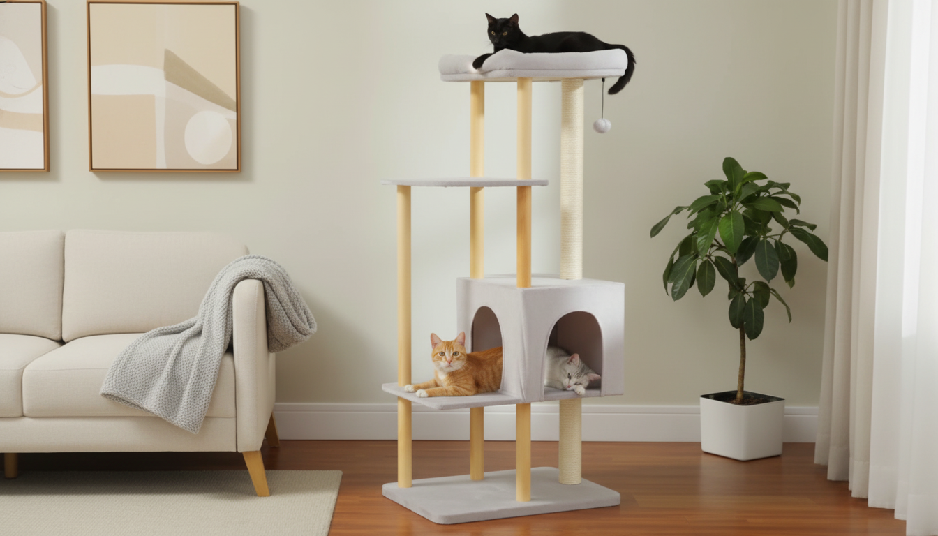 53-Inch Modern Wooden Cat Tree: Stable Scratch & Climb