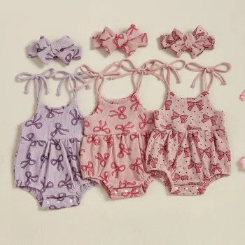 Tie-Strap Baby Girl Summer Romper Set + Headband
